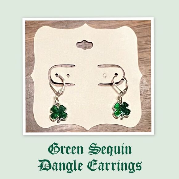 Green Sequin Dangle Earrings, Clover Earrings, St. Patrick’s Day Earrings - Picture 1 of 1